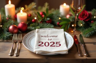 Elegant New Year's Eve dinner setting welcoming 2025 with festive decorations and candles