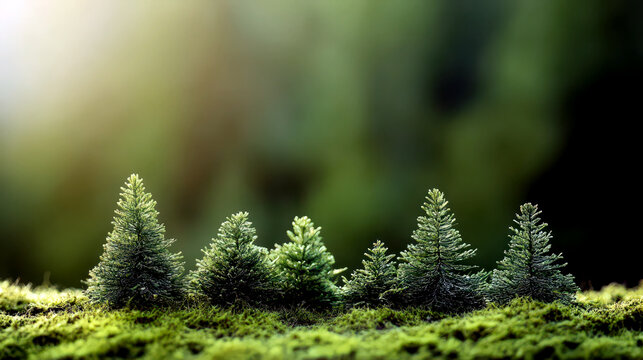 Lush evergreen forest scene celebrating International Forest Day. Horizontal banner. Copy space. Little green fires on a nature background