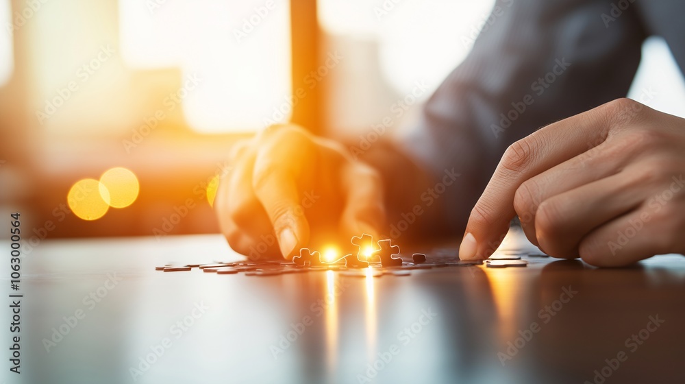 Poster hands assembling puzzle in business setting