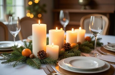 Elegant holiday table setting with candles and greenery during evening gathering