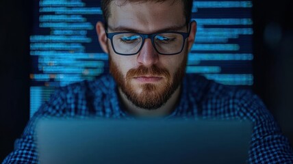 Ethical hacker analyzing security vulnerabilities on multiple devices, digital network visuals, dark tones Cybersecurity, Research