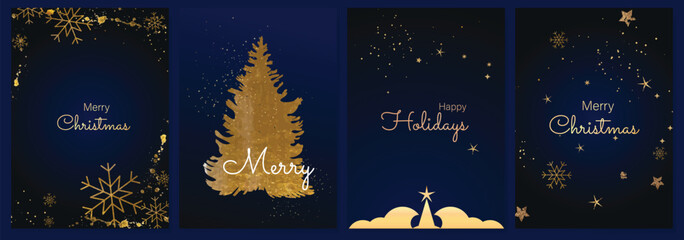 Naklejka premium Luxury gold happy holiday invitation card design vector. Christmas tree, snowflake, star with gold foil texture on navy blue background. Design illustration for cover, print, poster, ads.