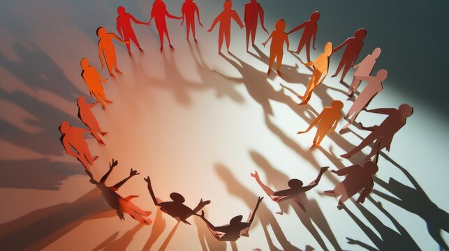Interlinked paper figures forming a circle, shadows creating a pattern of solidarity and shared ideas