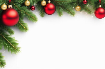 Christmas banner with space for text on the right, christmas tree, with gold and red balls, gold glitter