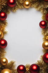 Christmas frame with red and golden balls and golden branches