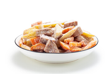 Crispy fried taro and sweet potato sticks coated in a layer of white sugar,  Chinese cuisine