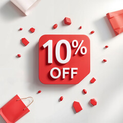 3d 10% off banner. Sale red inscription. Discount