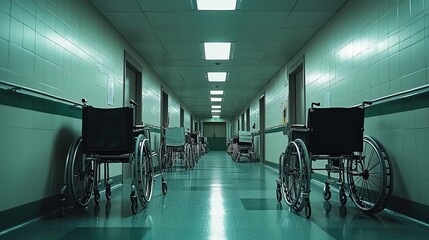 Row of wheelchair in hospital corridor