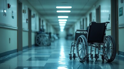 Row of wheelchair in hospital corridor