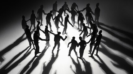 Paper cutout figures standing in a close circle, leaning forward, shadows forming a pattern of togetherness