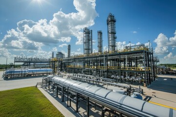 Industrial oil refinery with large storage tanks and distillation towers under blue sky with clouds