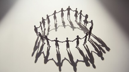 Obraz premium Paper cutout people standing in a circle, arms linked and shadows merging on the white background