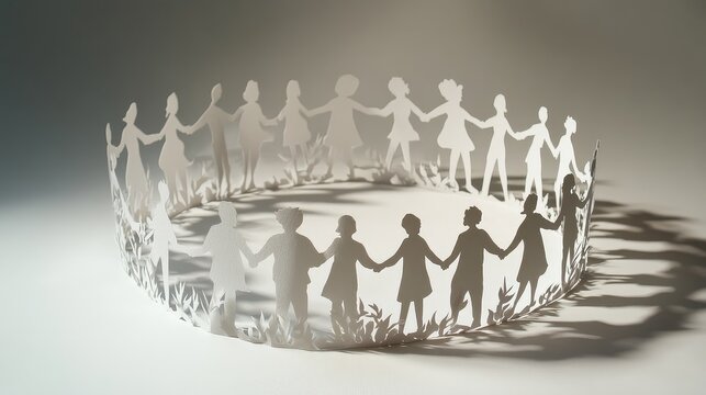 Paper cutouts of people in a circle, holding hands and engaging in conversation, symbolizing unity and harmony