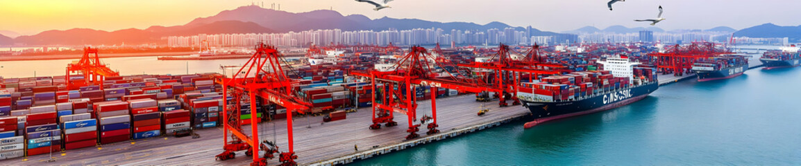 A busy port scene with cranes, shipping containers, and vessels at sunset. AI Image