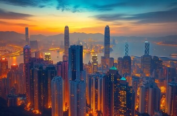 Fototapeta premium Hong Kong Skyline at Dusk with Vibrant Colors and City Lights