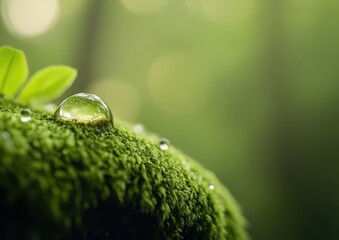 A close-up of dewdrops on vibrant green moss, showcasing nature's beauty and tranquility in a lush forest setting.