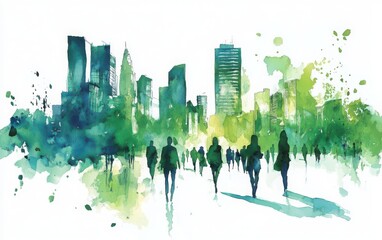 Obraz premium Design a captivating watercolor and ink sketch that captures the essence of eco-friendly urban development