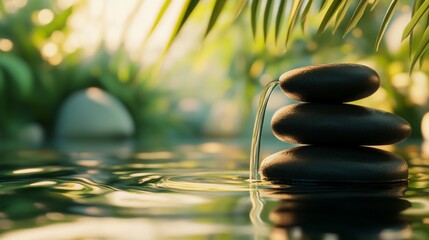Obraz premium Tranquil water spa surface with black lava stones and spa and wellness concept.