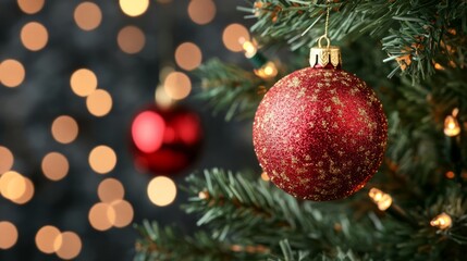 Fototapeta premium A close-up of a glittering red Christmas ornament on a tree.