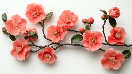 Obraz premium A branch adorned with coral flowers and green leaves.
