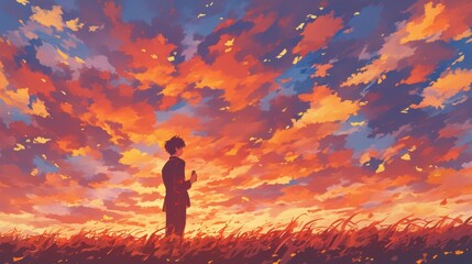 Fototapeta premium A young anime man standing in a vast field watching a breathtaking sunset with vibrant colors illuminating the sky reflecting his awe and serenity in the moment