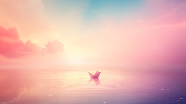 A peaceful sunset view with a paper boat floating effortlessly on a calm lake, surrounded by soft ripples and vibrant colors in the sky, inviting viewers to experience tranquility