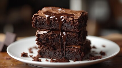 A stack of three fudgy brownies drizzled with melted chocolate.