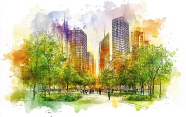 Obraz premium Design a captivating watercolor and ink sketch that captures the essence of eco-friendly urban development