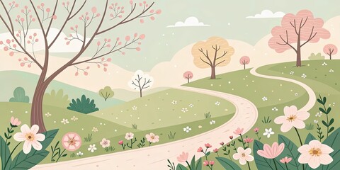 Naklejka premium minimalist cute cartoon spring road background