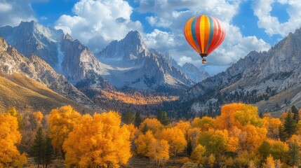 Fototapeta premium Colorful Hot Air Balloon Over Scenic Mountain Landscape