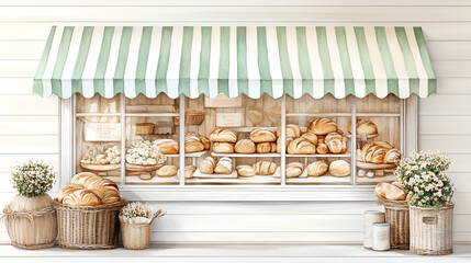 Charming watercolor illustration showing a vintage bakery with a striped awning and a window display full of fresh bread