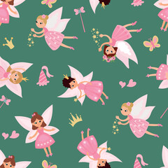 Magical Seamless Pattern with Fairies. Design for fabric, textile, wallpaper, packaging, nursery.	
