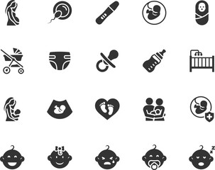 Vector set of maternity flat icons. Contains icons pregnancy, baby, lactation, diaper, pacifier, stroller, childbirth, pregnancy test, cot and more. Pixel perfect.