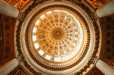Obraz premium photo of ceiling in the shape of dome with large circular window, architectural background, orange color palette