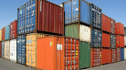 A stack of colorful shipping containers in a storage yard. AI Image