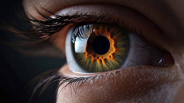 Close-up medical illustration of the eye affected by macular degeneration, focusing on the deterioration of the macula and the impact on vision