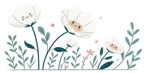 Naklejka premium minimalist cute cartoon white flowers background