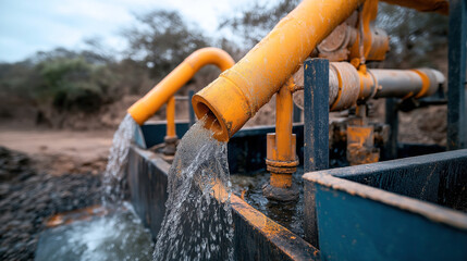 Close-up of water flowing from yellow pipes in an outdoor industrial setting with natural surroundings