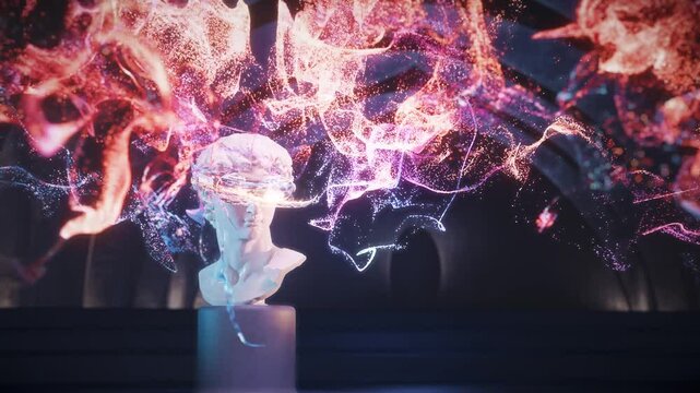 A white marble statue of David's head wearing VR glasses is surrounded by holographic data waves. Futuristic dark background. 