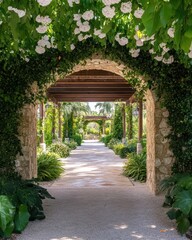 Enchanting archway adorned with vibrant flowering vines, creating a stunning natural entrance.