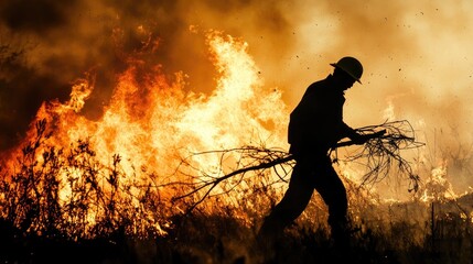 Obraz premium Farm worker engages in fighting fire using dry branches during a wildfire, highlighting the risks associated with the dangerous dry summer season. Photo includes ample copy space.