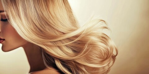 Naklejka premium A lovely woman is in a salon, expertly arranging and styling her long blonde hair to achieve a beautiful look. The focus is on her hair and beauty.