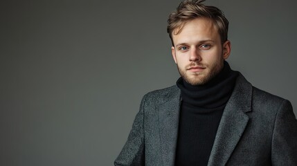 Obraz premium European man dressed elegantly against a gray background, embodying sophistication and style. The image captures the essence of elegance, perfect for various creative projects, with ample copy space.
