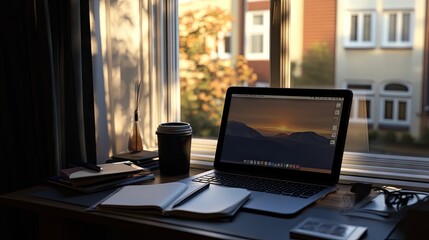 Desk with laptop, notepad, and coffee, a quiet morning moment before work.