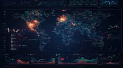 Digital interface with world map and stock data overlay, representing international finance.
