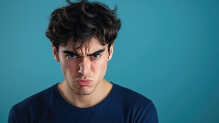 Fototapeta premium Portrait of a young man displaying an angry expression, capturing his emotional stress in a stunning photo with ample copy space against a blue background.