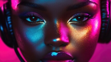 Closeup of a young African woman with beautiful makeup wearing headphones. This striking image highlights her nose and showcases vibrant makeup, ideal for creative projects.