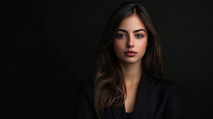 Naklejka premium Brunette young woman with a confident expression in modern business attire against a black background. Portrait featuring a stylish look and photo style copy space.