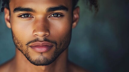 Obraz premium Stunning frontal couple portrait captures the beauty of a diverse African American male model, with ample copy space to highlight the captivating features and expressions.