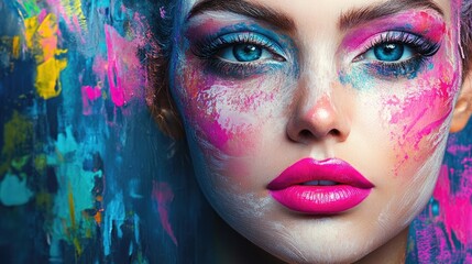Portrait of a girl with beautiful makeup and bright pink lipstick, emphasizing the vibrant colors and intricate detailing. The composition allows for versatile use of the image with ample copy space.